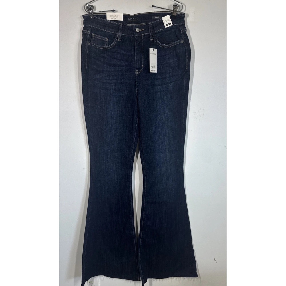Judy Blue High Rise Raw Hem Flare Jeans Dark Wash Women's 11/30 Stretch Slimming